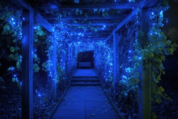 Blue-lit garden pathway at night