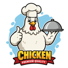 A cartoon chicken wearing a chef's hat, holding a silver platter and giving a thumbs up.