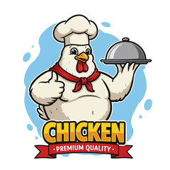 Cartoon chicken chef giving a thumbs-up and holding a food cloche, with 'Chicken Premium Quality' banner below.