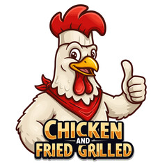 Cartoon chicken chef mascot with thumbs up for a fried and grilled restaurant.