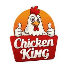 A friendly cartoon chicken mascot giving two thumbs up, smiling behind a red sign with the text 'Chicken King'.