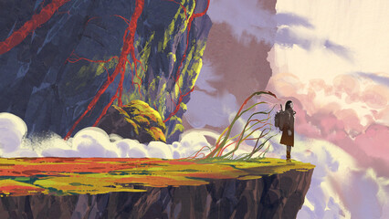 An explorer stands on a cliff above the clouds and facing a massive mountain covered in glowing red vines, digital art style, illustration painting