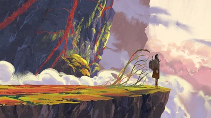 Fototapete Grandfailure An explorer stands on a cliff above the clouds and facing a massive mountain covered in glowing red vines, digital art style, illustration painting  © grandfailure