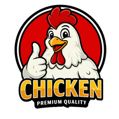 Cartoon chicken mascot logo with thumb up and text 'Chicken Premium Quality'.
