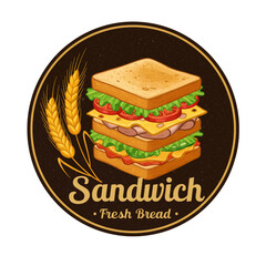 A round logo featuring a large, multi-layered sandwich with wheat stalks and text 'Sandwich Fresh Bread' on a dark background.