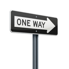 A black and white One Way sign with a right arrow, isolated on white background.
