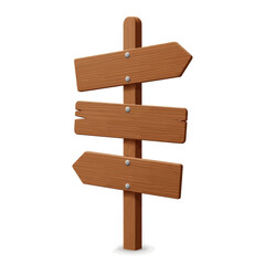 Wooden signpost with three directional arrows indicating different routes and destinations for travelers.