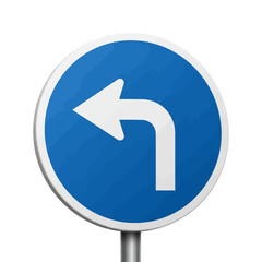 Mandatory turn left road sign with a white arrow on a blue circle, isolated on a white background.