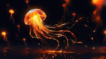 A mesmerizing swarm of glowing orange jellyfish with long, flowing tendrils floats in the dark, with reflections dancing on the water's surface.