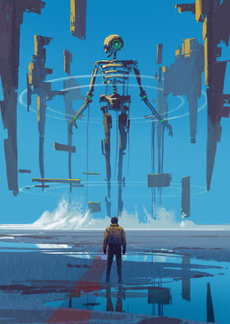 Fototapeta A man stands before a colossal floating robot skeleton surrounded by hovering structures and blue skies, digital art style, illustration painting