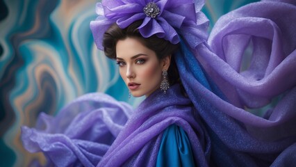Fashion model in exquisite purple and blue outfit 