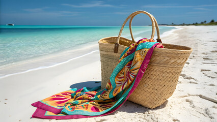 A stylish woven beach bag made of natural seagrass or rattan sits on a pristine tropical sandy shoreline, gently kissed by the first waves of the tide