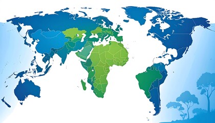 Obraz premium A world map displays countries colored by a graduated scale, highlighting geographical regions and illustrating varying characteristics.