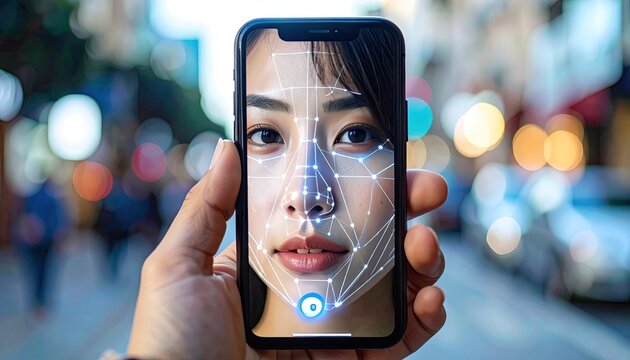 Facial Recognition on Smartphone Screen in City