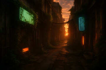 Callej&oacute;n cyberpunk abandonado con naturaleza invadiendo