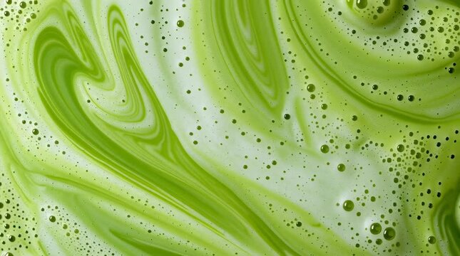 frothy matcha latte with its signature vibrant green color and delicate swirling foam patterns, a macro and full-frame texture shot, close-up texture, top view