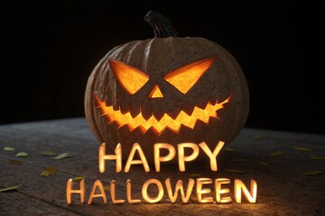 Spooky jack o lantern glowing with happy halloween message on a dark wooden surface