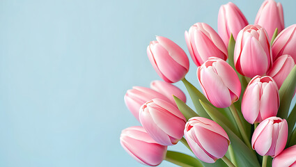 Fototapeta premium Beautiful pink tulip bouquet against soft blue backdrop