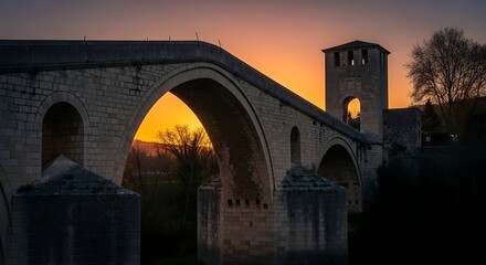 Obraz premium Sunset view of the historic bridge in the evening.
