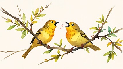 Obraz premium A lovely watercolor painting of two yellow birds with their beaks open, perched on a branch, interacting with each other.