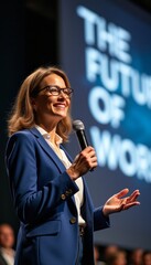 Confident woman speaking at a conference