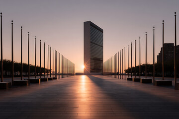 Obraz premium architectural photography, the united nations building at sunrise, showcasing clean architectural lines with flags in the frame