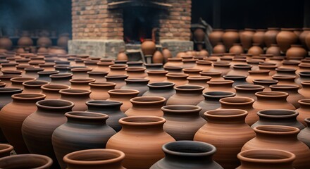 Obraz premium Terracotta Army of Vessels: A Vast Expanse of Handcrafted Pottery Drying near the Kiln