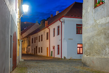 Night view of a Colourful street at Jewish quarter of Trebic, Cz