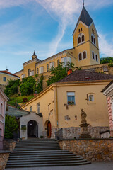 Obraz premium Sunset view of Church of the Nativity of the Virgin Mary in Tren