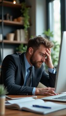 Naklejka premium Stressed businessman working at a desk