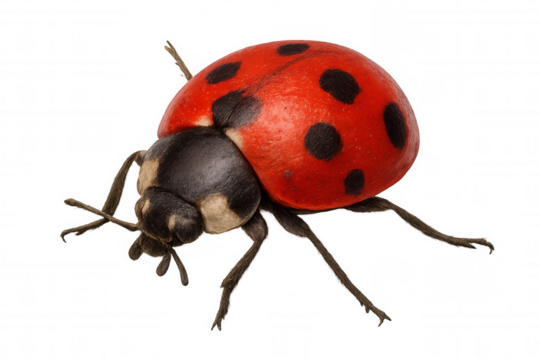 Ladybug crawling across transparent surface, bright crimson shell contrasting detailed black markings and slender legs