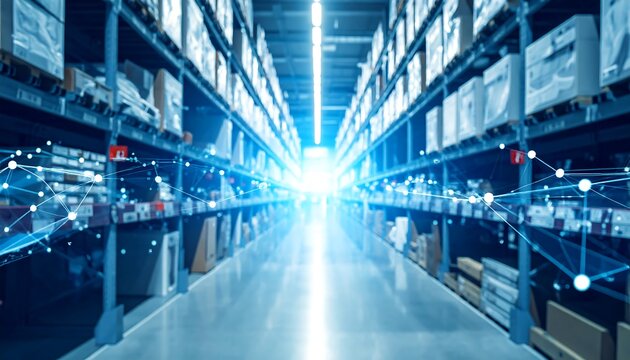 Warehouse interior with a network overlay