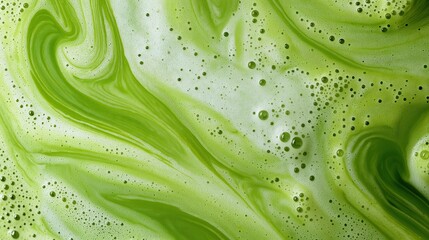 frothy matcha latte with its signature vibrant green color and delicate swirling foam patterns, a macro and full-frame texture shot, close-up texture, top view