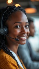 Smiling woman with headset in a call center