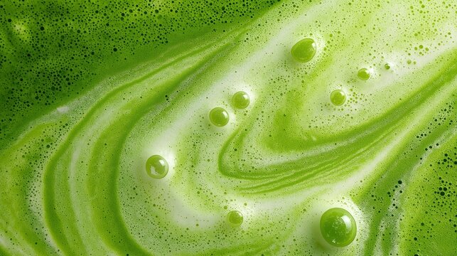frothy matcha latte with its signature vibrant green color and delicate swirling foam patterns, a macro and full-frame texture shot, close-up texture, top view