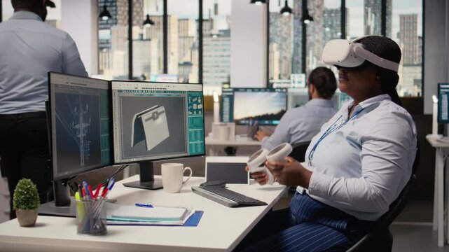 Technician using VR headset to create solar powered device design using alternative energy technology. Worker uses virtual reality simulation to develop eco friendly solar gadgets prototypes, camera A