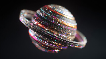 Stunning 3D representation of planet with vibrant, shimmering rings, showcasing blend of colors and textures that evoke sense of wonder and cosmic beauty. intricate details and luminous effects