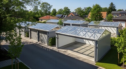Obraz premium Modern Garages with Glass Roofs in a Residential Area.