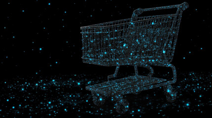 Digital shopping cart filled with glowing blue particles against dark background creates futuristic and imaginative shopping experience. cart symbolizes online shopping and modern retail