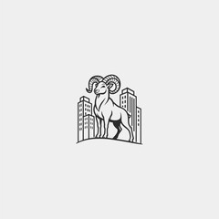 Big horn goat standing proudly with city buildings behind logo design.