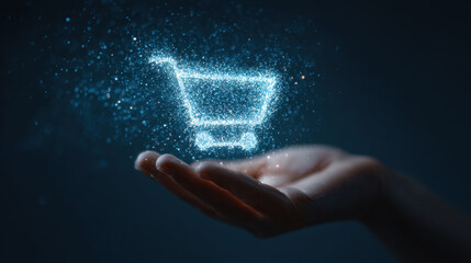 Glowing shopping cart icon appears above open hand, symbolizing digital commerce and online shopping. sparkling effect adds sense of innovation and technology to concept of e commerce