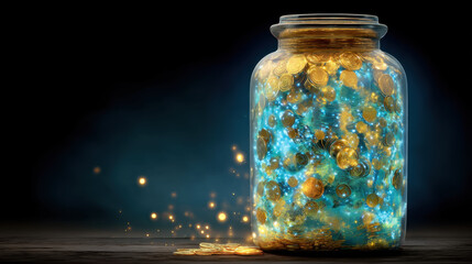 Glass jar filled with shimmering gold coins and sparkling lights creates magical atmosphere, symbolizing wealth and prosperity. coins reflect light, enhancing enchanting scene