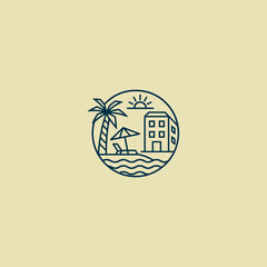 Line art beach hotel logo design.