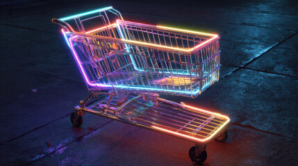 Glowing shopping cart illuminated with vibrant neon lights stands on dark surface, creating striking visual contrast. colorful glow adds modern and artistic touch to everyday object