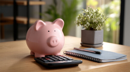 Pink piggy bank sits beside calculator on wooden table, with notebook and pen nearby. This scene conveys sense of saving and financial planning in cozy environment