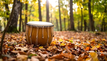 A rustic wooden drum rests amidst a carpet of autumn leaves in a sunlit forest, showcasing the beauty of nature's colors.