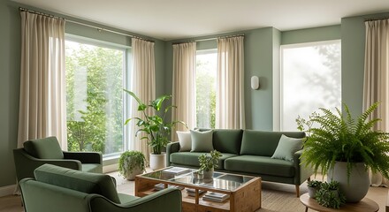 Stylish living room with green walls and plants.