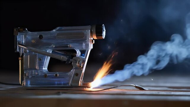 Transparent Staple Gun Sparks and Smokes in Dramatic Studio Lighting Close-Up