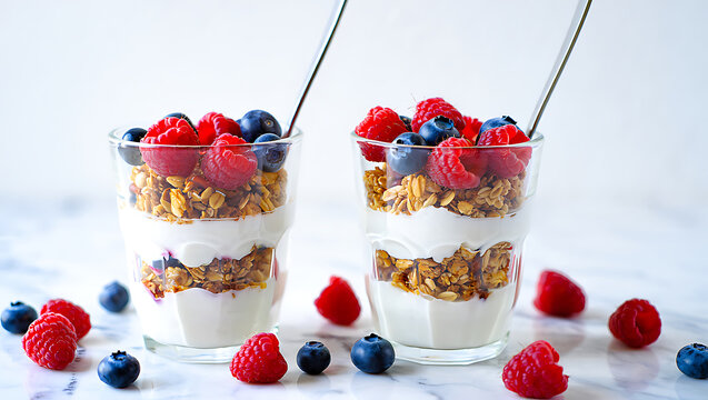 Healthy breakfast yogurt parfait with granola and berries - Powered by Adobe