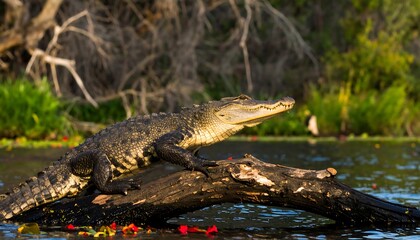 A young alligator rests on a weathered log in a tranquil marsh setting, showcasing its intricate scales and the serene beauty of the swamp.